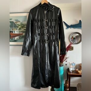 Vintage Tripp NYC Vinyl Faux Leather Trench Coat Goth Buckles Bondage Duster vtg